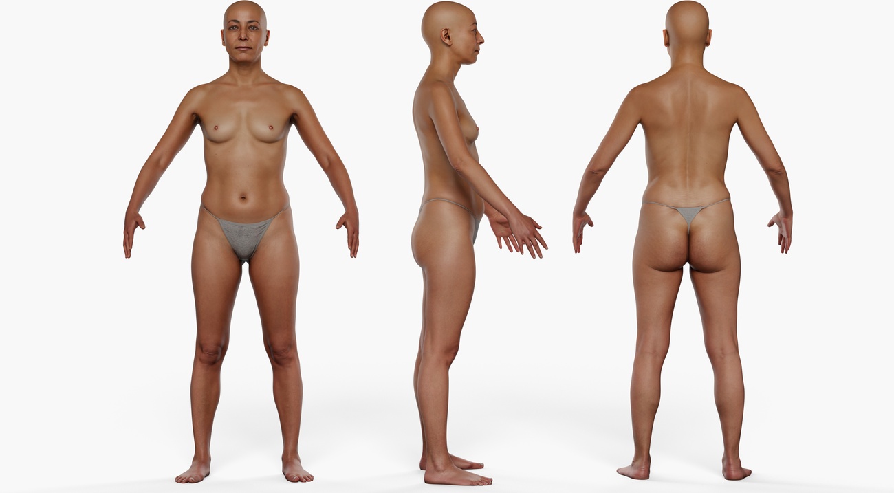 Full body 3D scan of an average-build female with warm skin tone, retopologised quad mesh render